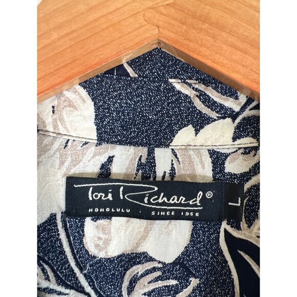 Vintage 90s Tori Richards Mens Size L Navy Hawaiian Shirt MOP Logo Buttons Surf - Picture 2 of 9